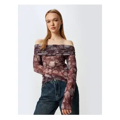 Koton Transparent Blouse Off the Shoulder Madonna Collar Long Sleeve Floral Pattern