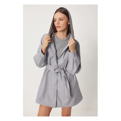 Happiness İstanbul Women's Stone Grey Hooded Belted Short Trench Coat