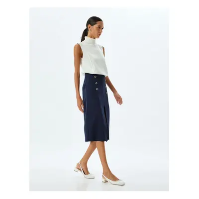 Koton Pencil Midi Skirt with Front Slit and Button Detail