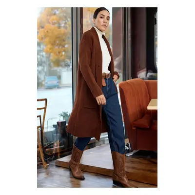 Trendyol Brown Soft Texture Long Coat Look Knitwear Cardigan