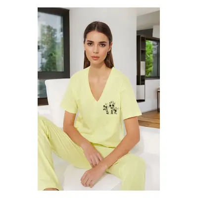 Trendyol Yellow 100% Cotton Printed Pocket Detailed Wide Cut T-shirt Knitted Pajama Set with Pan