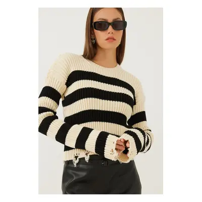 Bianco Lucci Women's Ripped Detail Striped Sweater