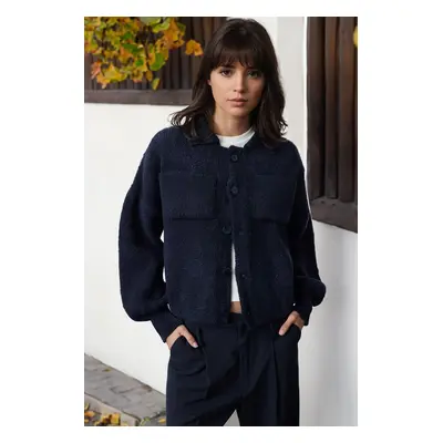 Trendyol Navy Blue Soft Texture Coat-Look Knitwear Cardigan