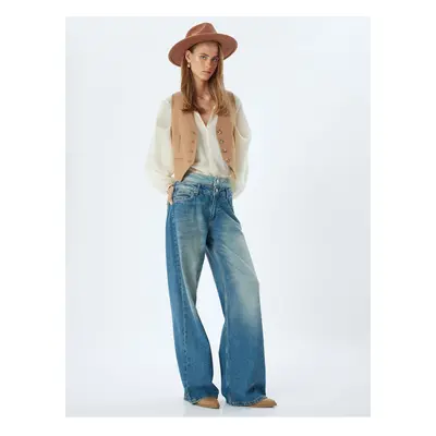 Koton Loose Jeans Double Waist Detail Buttoned Washed - Loose Straight Fit Jean