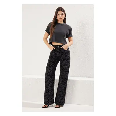 Trendyol Black Suede Look Leopard Patterned High Waist Wide Leg Jeans