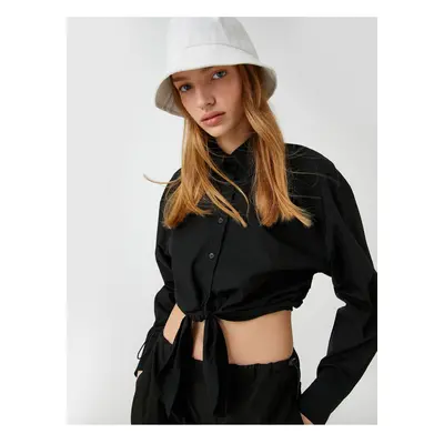 Koton Crop Poplin Shirt Front Tie Detailed Long Sleeve Buttoned