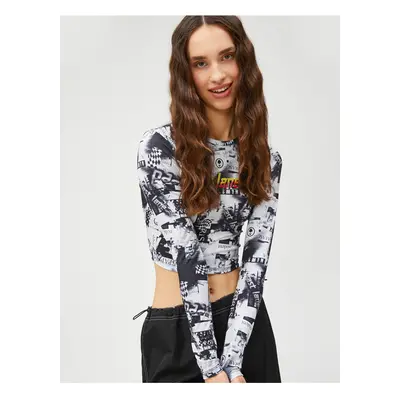 Koton Crop T-Shirt Long Sleeve Crew Neck Patterned