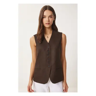 Happiness İstanbul Women's Dark Brown V-Neck Nubuck Vest