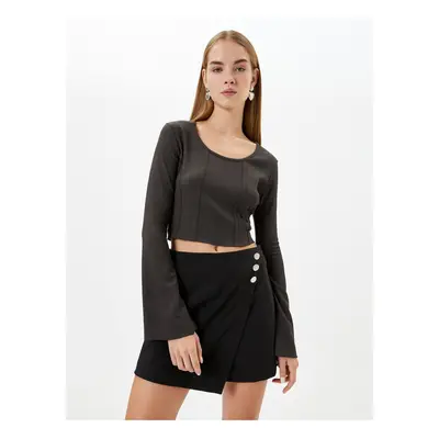 Koton Crop Blouse Bodice Detailed Long Sleeve U Neck Ribbed