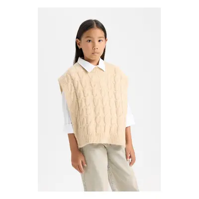 DEFACTO Girl's Crew Neck Hair Knitting Patterned Knitwear Sweater