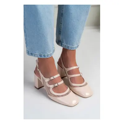 NİŞANTAŞI SHOES Fairose Beige Patent Leather Belt Detail Ankle Tied Women's Thick Heeled Shoes