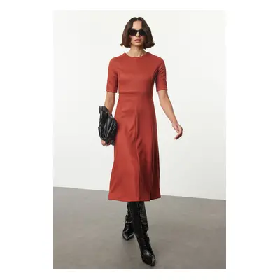 Trendyol Tile Plain Stitch Detailed Three Quarter Sleeve Skater/Waist Opening Midi Knitted Suede