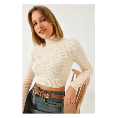 Bianco Lucci Women's Zigzag Braided Turtleneck Crop Knitwear Sweater