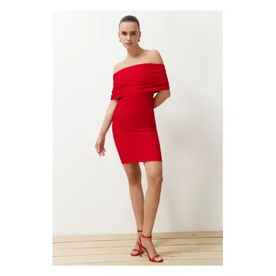 Trendyol Red Fitted Carmen Neckline Ruffle/Textured Knitted Mini Pencil Stretch Dress