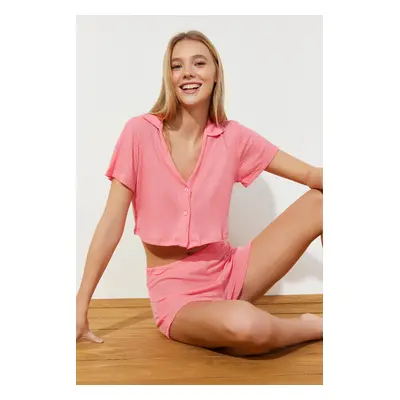 Trendyol Pink Ribbed Crop T-shirt-Shorts Knitted Pajamas Set