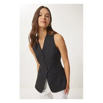 Happiness İstanbul Women's Black Fleto Pocket Detailed Striped Woven Vest