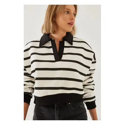 Bianco Lucci Women's Polo Neck Three Thread Raised Stripe Sweatshirt