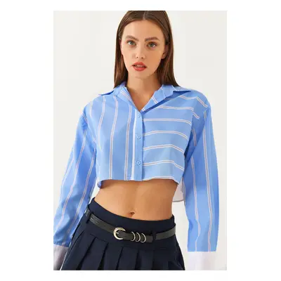 Bianco Lucci Women's Asymmetric Striped Cuff Detail Crop Shirt