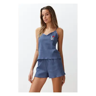 Trendyol Blue Textured Embroidered Rope Strap Knitted Pajama Set with Shorts