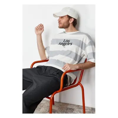 Trendyol Gray Oversize Striped City Printed 100% Cotton T-Shirt