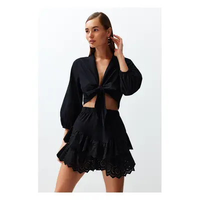 Trendyol Black Mini Woven Brode Detailed Beach Skirt