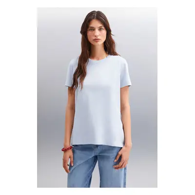 GRIMELANGE Samantha Women's 100% Organic Cotton Comfort Fit Long Back Basic Knitted Blue T-shir