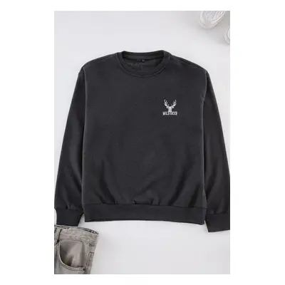 Trendyol Anthracite Melange Oversize/Wide Cut Long Sleeve Animal Embroidered Sweatshirt