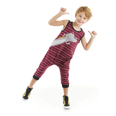 Denokids Funny Crocodile Boys Cotton Claret Red Overalls