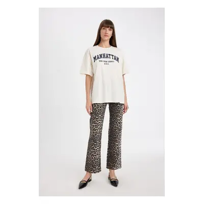 DEFACTO Straight Fit Leopard Patterned High Waist Pocket Long Gabardine Trousers