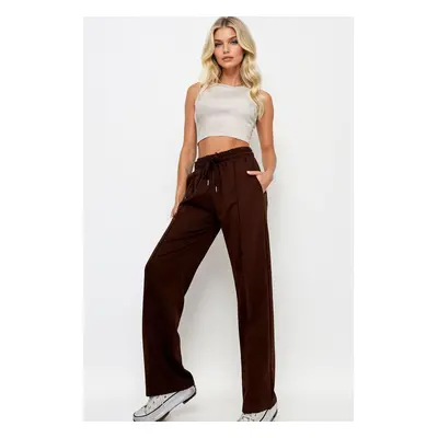 Trend Alaçatı Stili Women's Brown High Waist Front Turned Wide Leg Double Pocket Sweatpants