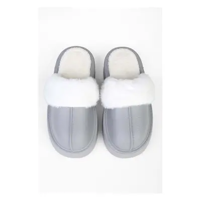 Shoeberry Women's Fluff Gray Faux Leather Matte Fur Inside Flat Sole House Slippers