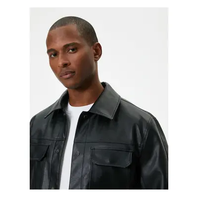 Koton Leather Look Jacket Slim Fit Buttoned Pocket Detail