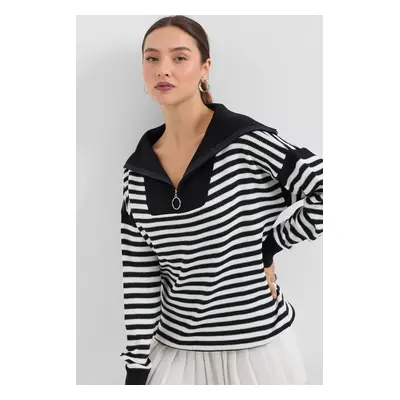 Bigdart Polo Collar Striped Long Knitted Sweater - Black