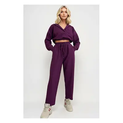 Trend Alaçatı Stili Women's Plum Hooded Double Breasted Loose Cut Seasonal Bottom Top Set