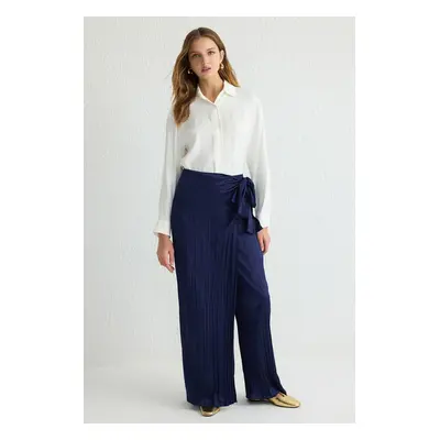 Trendyol Navy Blue Textured Satin Woven Trousers