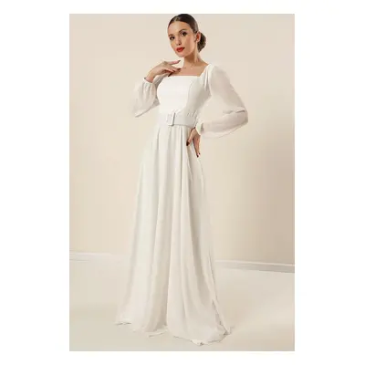 By Saygı Square Neck Belted Waist Lined Chiffon Long Evening Dress