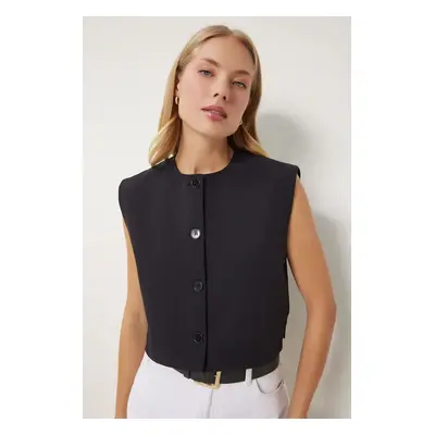 Happiness İstanbul Women's Black Buttoned Crop Woven Vest