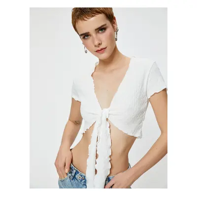 Koton V-Neck Textured Short Sleeve Tie Front Crop T-Shirt