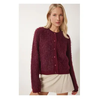 Happiness İstanbul Women's Burgundy Soft Bearded Knitwear Cardigan