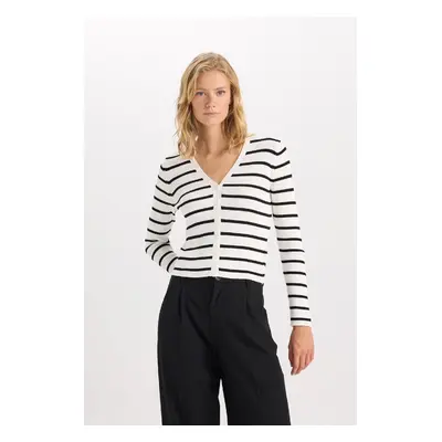 DEFACTO Fitted V Neck Striped Buttoned Ribbed Look Viscose Cardigan