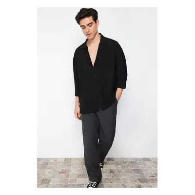 Trendyol Black Oversize Fit Open Collar Summer Linen Look Shirt