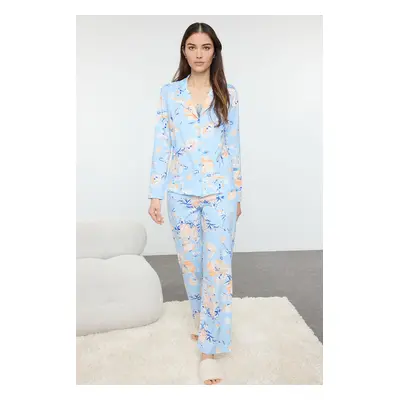 Trendyol Blue 100% Cotton Floral Knitted Pajama Set