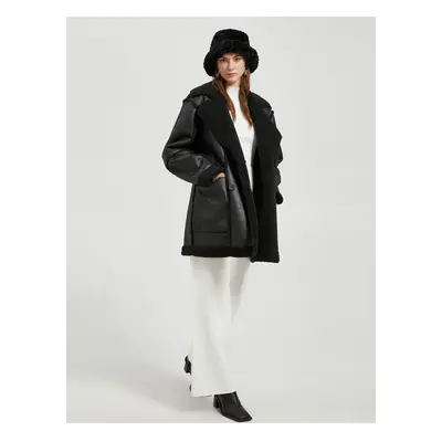 Koton Faux Leather Coat Faux Shearling Pocket Detailed Double Breasted Buttoned