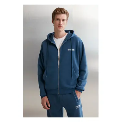 GRIMELANGE Aksel Men's Soft Fabric Zipper Printed Hooded Blue Sweatshirt