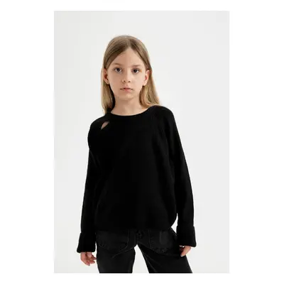 DEFACTO Girl's Black Standard Fit Crew Neck Basic Plain Knitwear Sweater