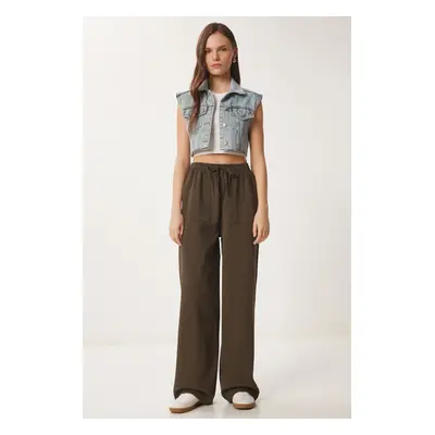 Happiness İstanbul Women's Dark Khaki Faded Effect Wide Leg Denim Palazzo Trousers