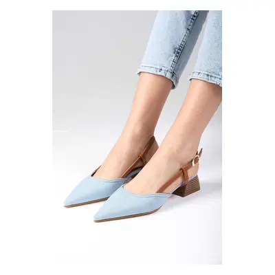 Mio Gusto Carly Blue Color Denim Fabric Open Back Women's Short Heeled Jeans Shoes.