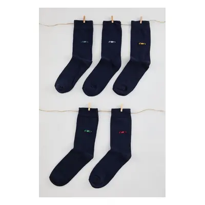 Trendyol Navy Blue Unisex 5-Pack Car Embroidered Cotton Socks-Long Length Socks