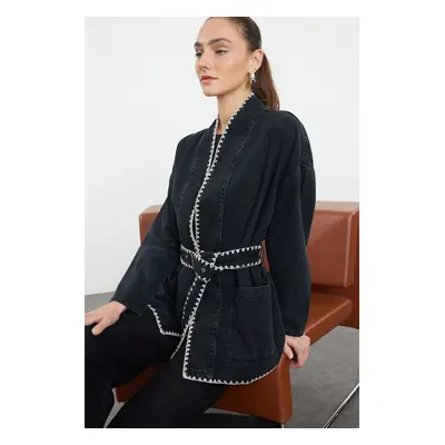 Trendyol Black Embroidered Belted Oversize Denim Jacket