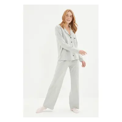 Trendyol Gray Cotton Piping and Pocket Detailed Printed Knitted Pajama Set